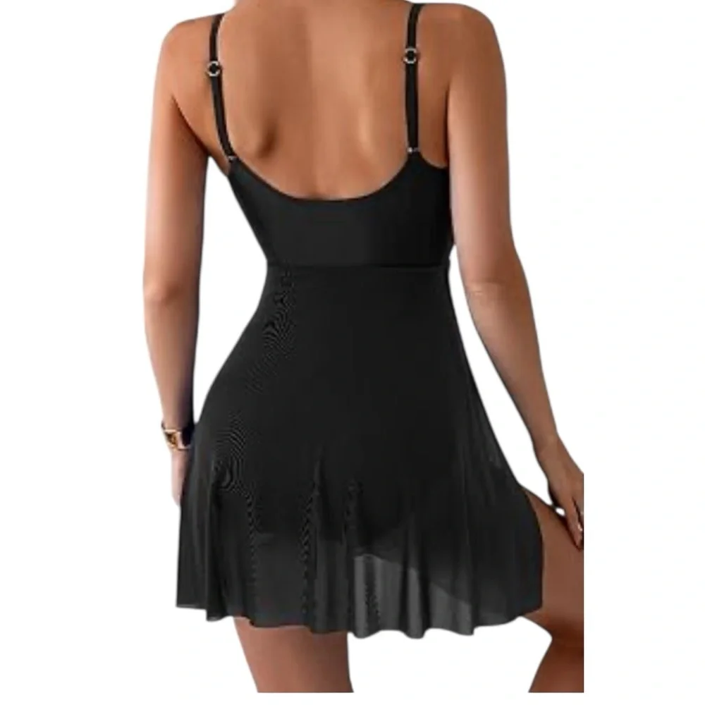 B2prity One-Piece Black Swim Dress Wrap Mesh Cutout – Size M NWT - Picture 2 of 13